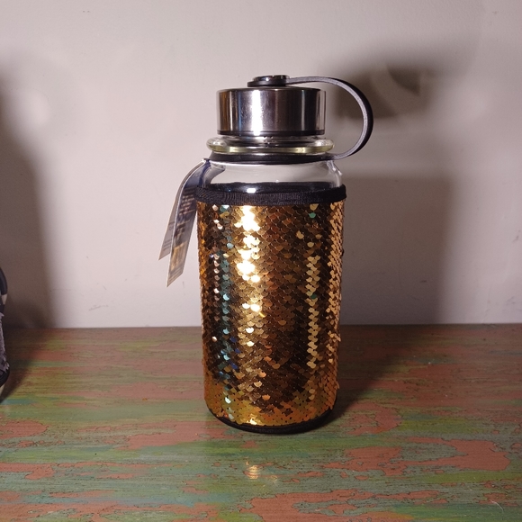 3 - 31oz. Glass Drinking Bottles With Sequin Cover PBA free. Blue Black & Gold - Picture 4 of 6